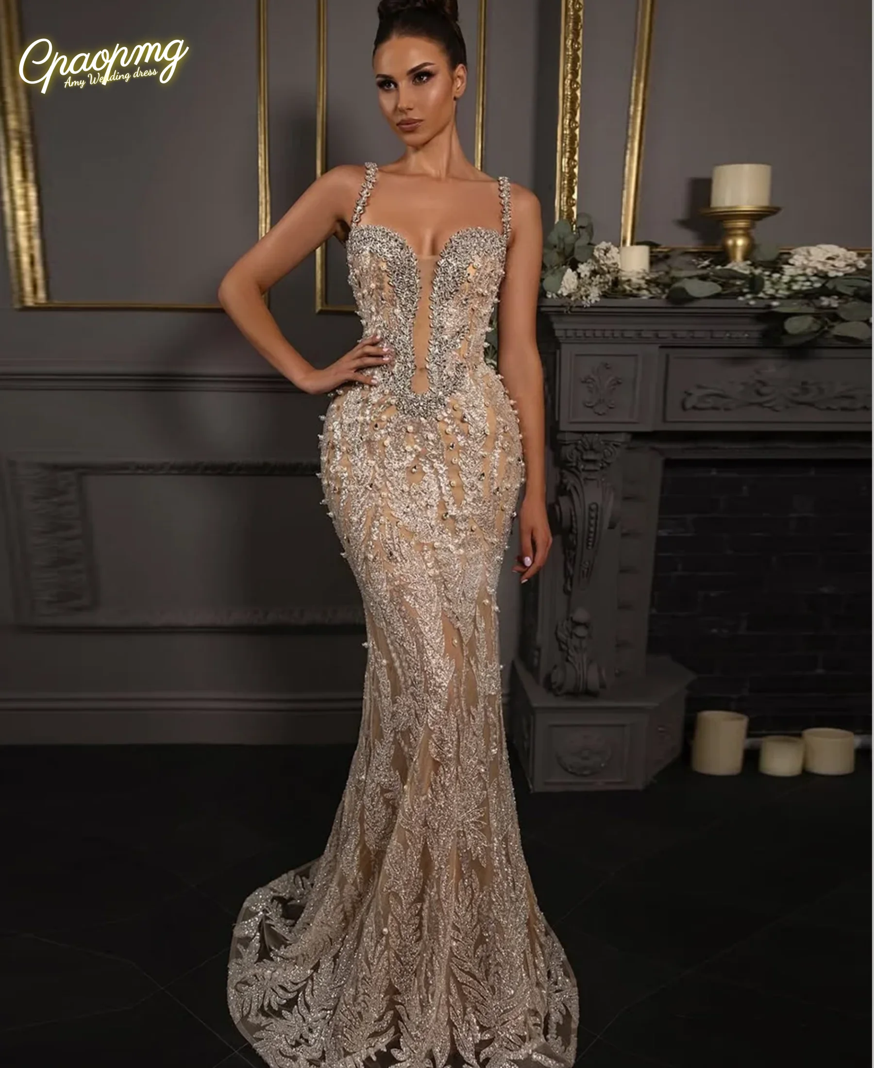 

Индивидуальное вечернее платье с жемчугом и кристаллами и бриллиантами, украшенное блестками и листьями, модное вечернее платье на тонких бретельках для выпускного вечера