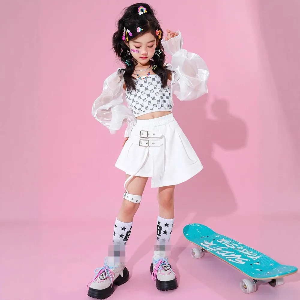 Kpop Girls Clothes Jazz Dance Costume White Performance Suit Hip Hop Modern Dance Outfit Kids Stage Wear Fashion Clothing