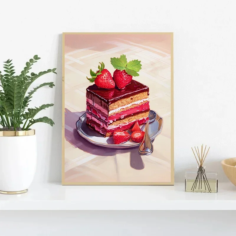 Multiple sizes 1pc frameless Canvas Painting Cream Fruit Cake Watercolor French Pastry Illustration Poster Canvas Painting Wall