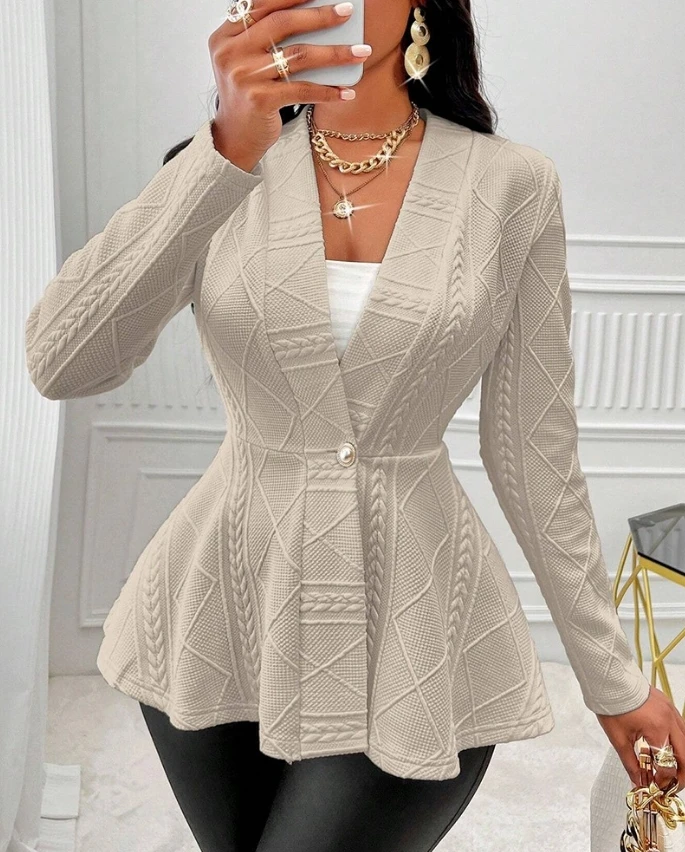 Women's Coat Tops Casual Autumn and Winter Argyle Shawl Collar Cable Textured Single Breasted Long Sleeve Ruffle Hem Skirt Coat