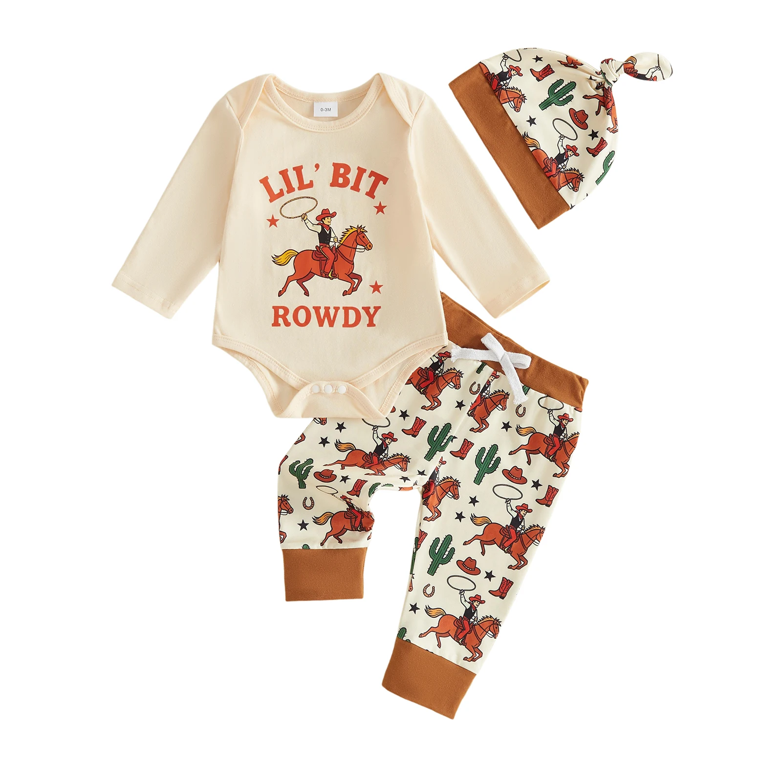 Baby Boys Western Outfits Long Sleeve Romper with Printed Pants Hat Set