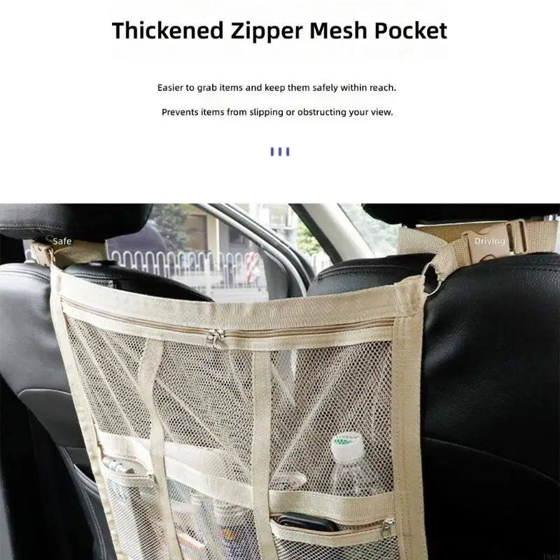  Pet Car Barrier Panel with 9-Section Mesh Storage, Hanging Top Fasteners and Lower Attachments, 59 x 59cm for Dog Rides