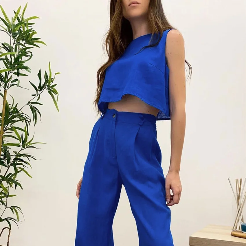 Home Clothings Summer Linen Long Pants Sets Women 2 Piece Outfits 2023 Vacation O-Neck Solid Crop Tops Casual Wide Leg Pants