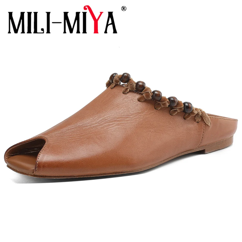 

MILI-MIYA классические женские черные туфли без шнуровки на плоской подошве с открытым носком, модная повседневная элегантная летняя повседневная обувь ручной работы из натуральной кожи
