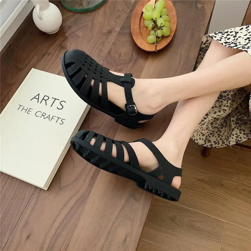 Women Rome Sandals Cut-out Gladiator Style Summer Shoes Soft PVC Peep Toe Girls Student Street Outdoor Sandals