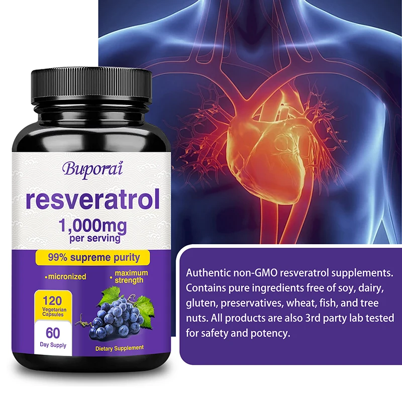 Resveratrol Supplement - 99% Trans-resveratrol, Healthy Aging, Brain & Heart Support, Antioxidant