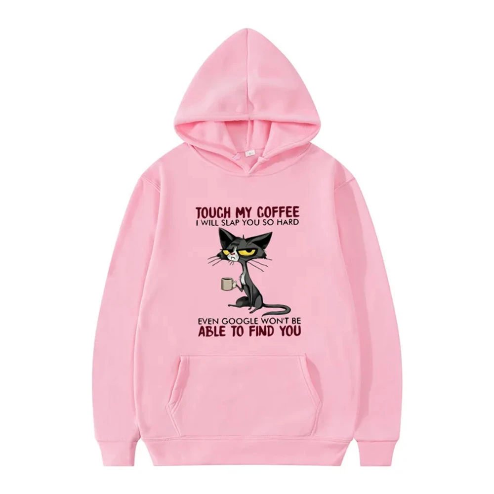 Disdainful Cat Protection Coffee Animation Print Youth Hooded Sports Top Fleece Pullover Casual Jogging Fitness Sweatshirt