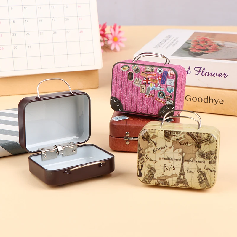 1 Pc Retro Storage Tin Mini Box Rectangular Tinplate Suitcase Small Candy Snack Packaging Makeup Cosmetic Sewing Organizer