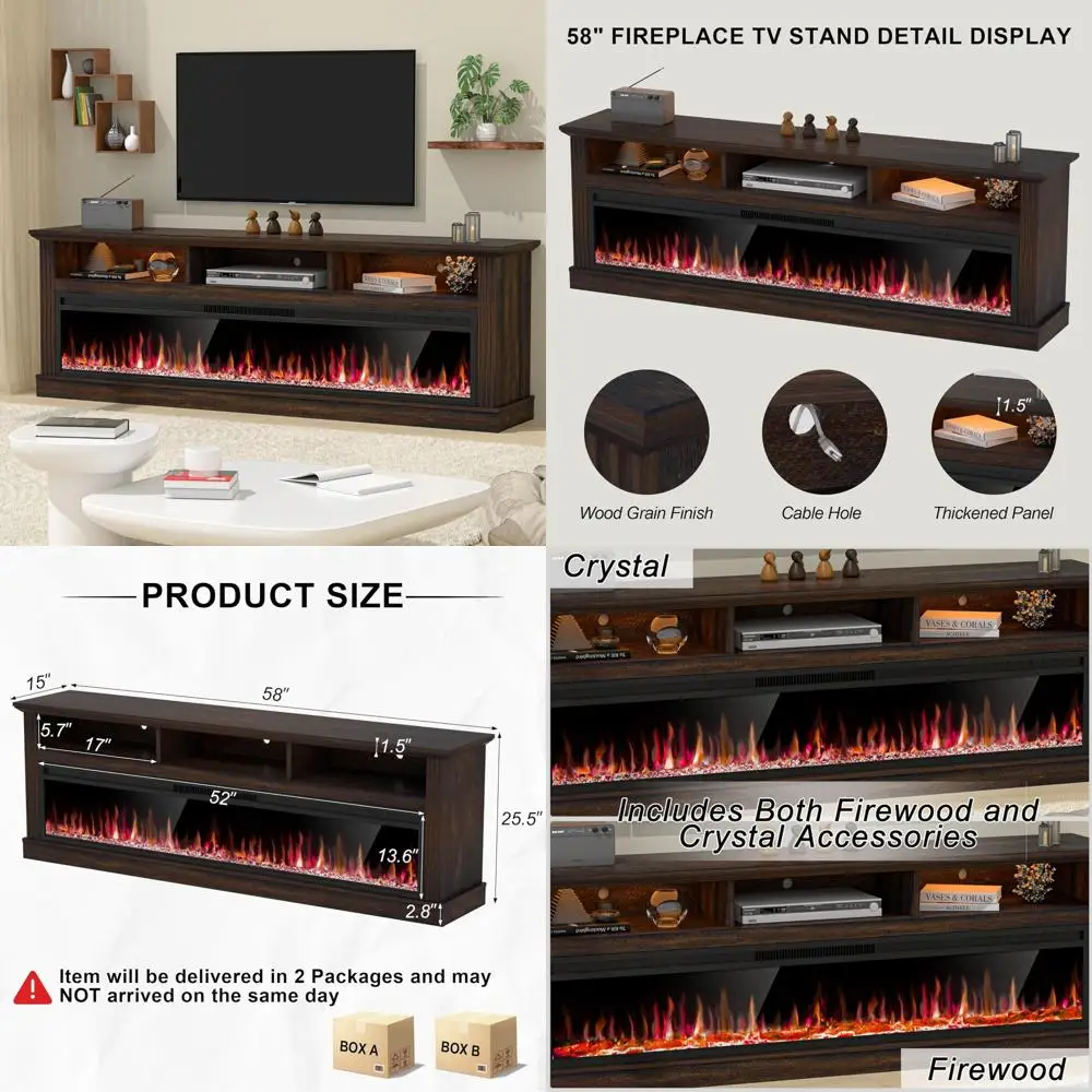 

65 Electric Fireplace TV Stand with 52 TV Capacity, Brown Entertainment Center, LED Light TV Consoles