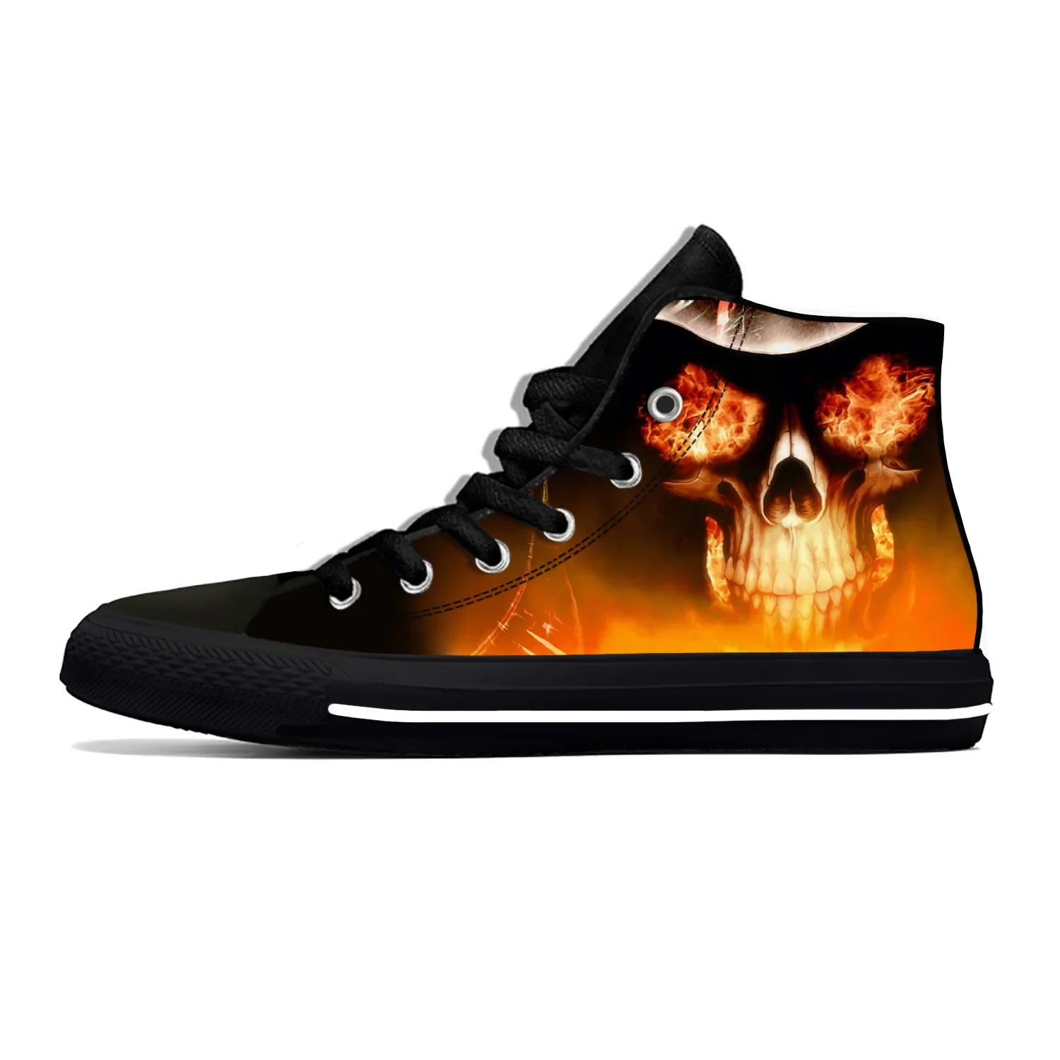 Sapatilhas leves e respiráveis, chama de fogo, esqueleto flamejante da caveira, sapatos casuais de pano, top alto, estampa 3D, moda, popular