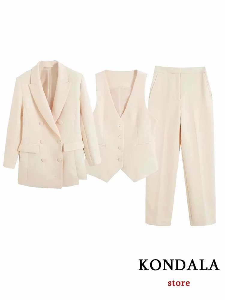 KONDALA Vintage Fashion 2023 Spring Solid Women Suit Office Lady Chic Casual Single Breast Vest Loose Blazer Wide Leg Zip Pants