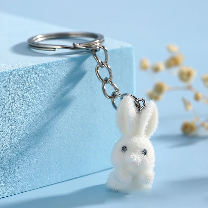 Cute 3D Flocking Rabbit Keychain Pendant Cartoon Animal Y2K Couple Cell Phone Pendant Keychain Backpack Charm Accessory Gift