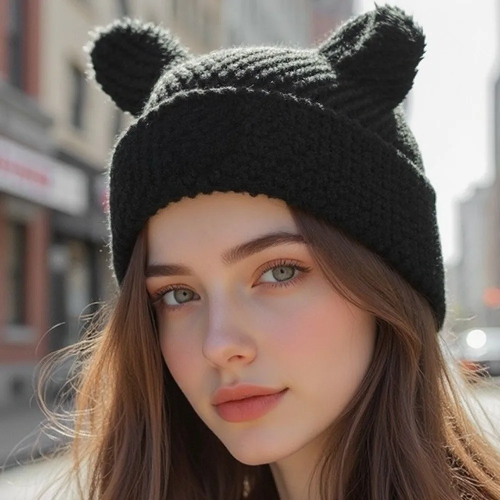 New Cat Ears Japanese Beanie Hat Striped Ins Little Devil Knitted Wool Cap Casual Y2K Harajuku Punk Skullies Cap Autumn Winter