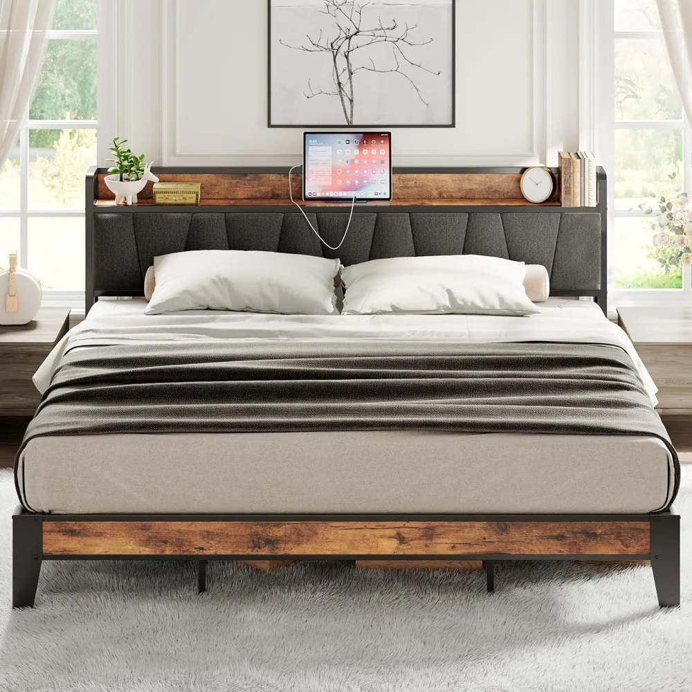 King Size Bed Frame, Storage Headboard with Charging Station, Solid and Stable, Noise Free, No Box Spring Needed, Easy Assembly