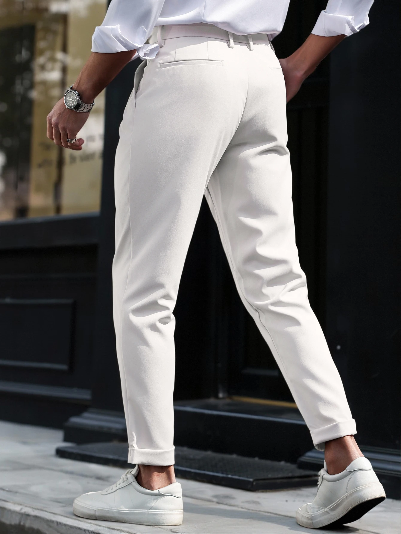 Herren Gurkha Hochgeschnittene Plissierte Gekrempelte Schmal Geschnittene Kurze Anzughose, 100% Polyester Business Casual Weiße Hose – Detail 6