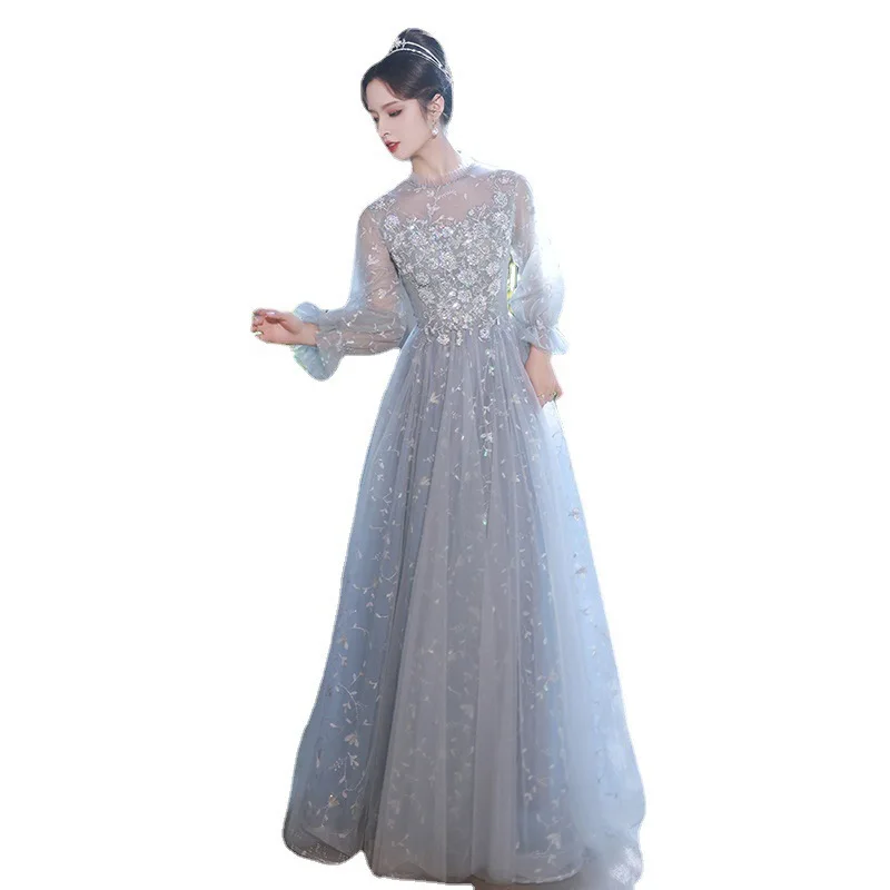 Robe de Soirée Grise et Bleue à Manches sulf, Tenue de Bal de Promo en Tulle, Longueur au Sol, sur Mesure, O135