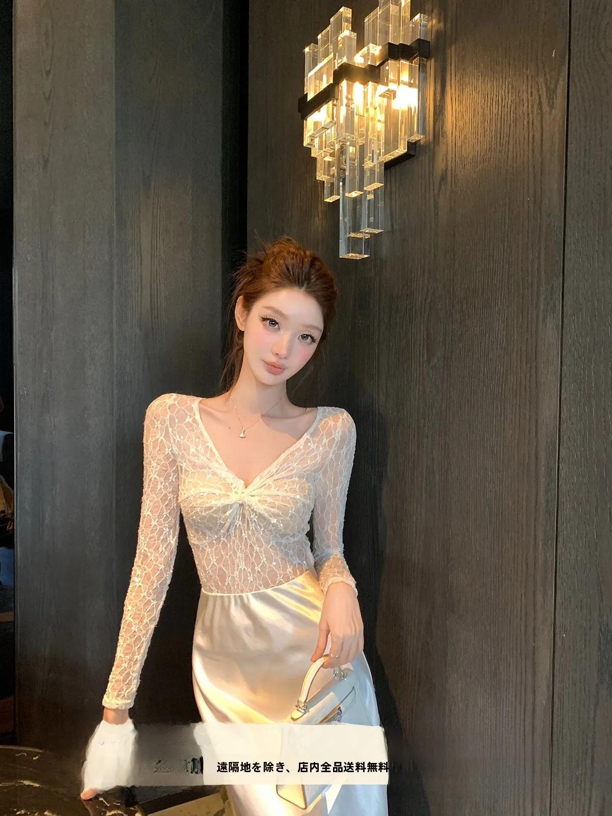 

White V-neck Lace Shirt Women's Slimming Sexy Pure Desire Long Sleeve Casual Style Fashionable Daily Wear by Yoyozhang