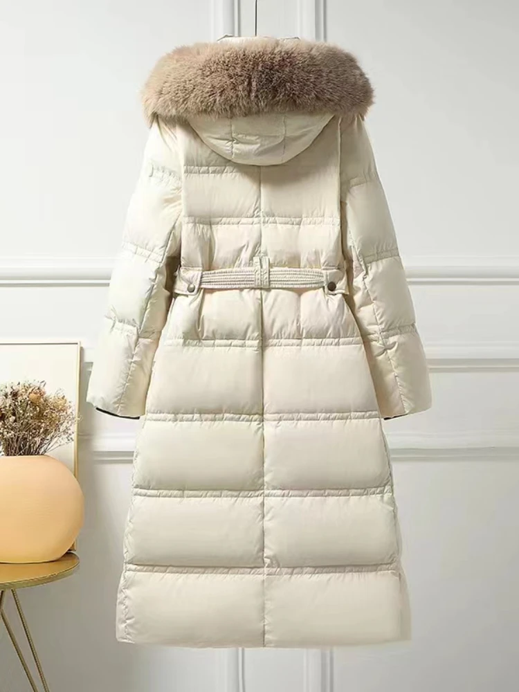 Gola de pele de raposa para baixo jaqueta feminina inverno nova alta qualidade cintura magro-ajuste engrossado tamanho grande moda pato branco puffer casaco