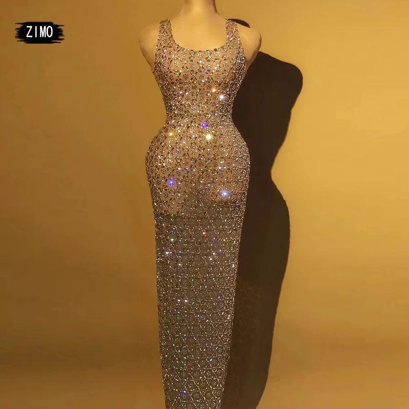 New Luxury All Rhinestone Shining Crystal Long Dress Sexy Women Singer Stage Costume Birthday Party Festival Wedding Drag Queen