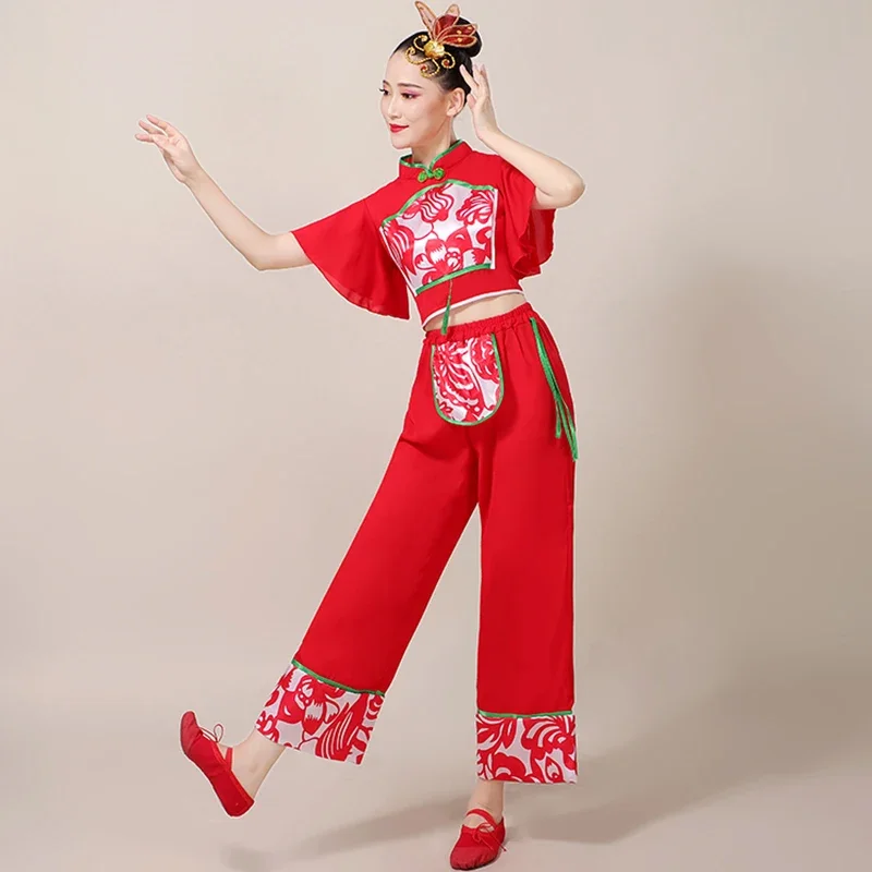 Popular chinesa Antiga Elegante Hanfu Roupas Nacionais de Dança Yangko Fã Guarda-chuva Feminino Adulto Vermelho Palco Vestidos de Dança Clássica