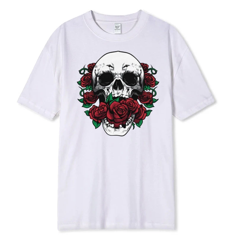 Skull and Red Roses Skeleton Gothic Hipster Novelty Short-Sleeve Unisex T-Shirt Skeleton and Flower Pattern Cotton Casual Shirt