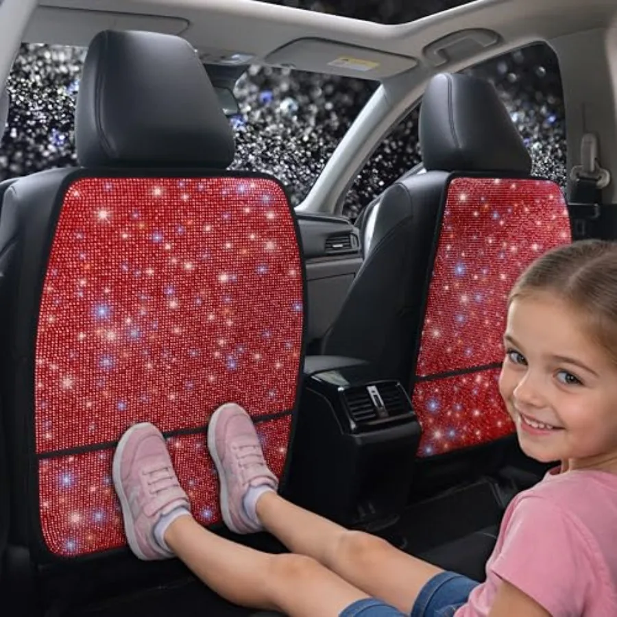 

Luxury Bling Car Seat Back Protectors with Pockets Sparkling Rhinestone Kick Mats, Universal Fit PU Leather Back Seat Covers fo