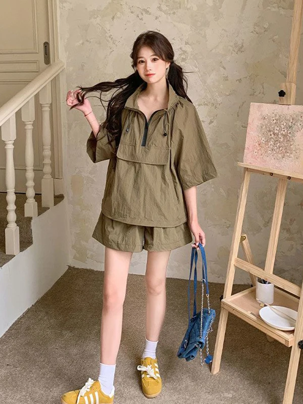 

plus Size 300 Pounds Women's Casual Sportswear Set High Waist Shorts Half Zip Hoodie Summer Fashion Outfit for And Pear...