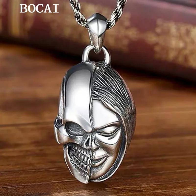 BOCAI New S925 Silver Pure Retro Personalized Dark Ghostly Skull Pendant Men's Gift