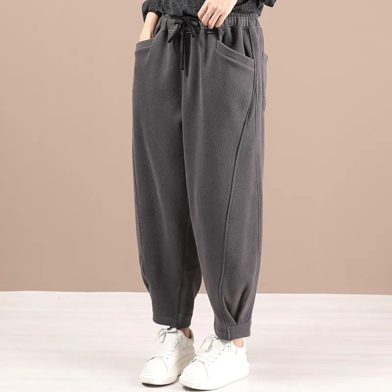 Moda inverno feminino engrossar calças quentes estilo coreano cintura elástica cor sólida básico sweatpants solto calças casuais femininas