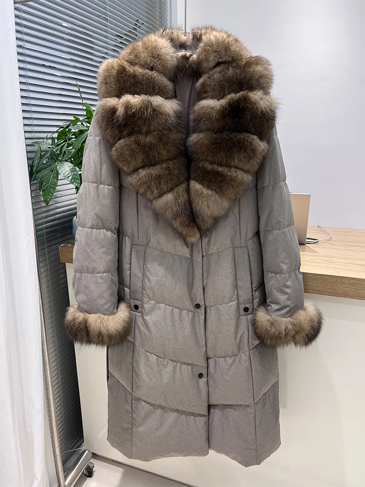 Veste chaude en duvet d'oie pour femme, col en vraie fourrure de renard, longue et épaisse, décontractée, nouvelle collection hiver