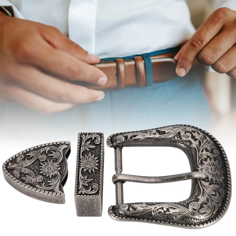 Vintage Style Cowboy Belt Buckle Carving Design Antique Silver Alloy Waist Buckle 3 Module Set 40mm Inner Diameter