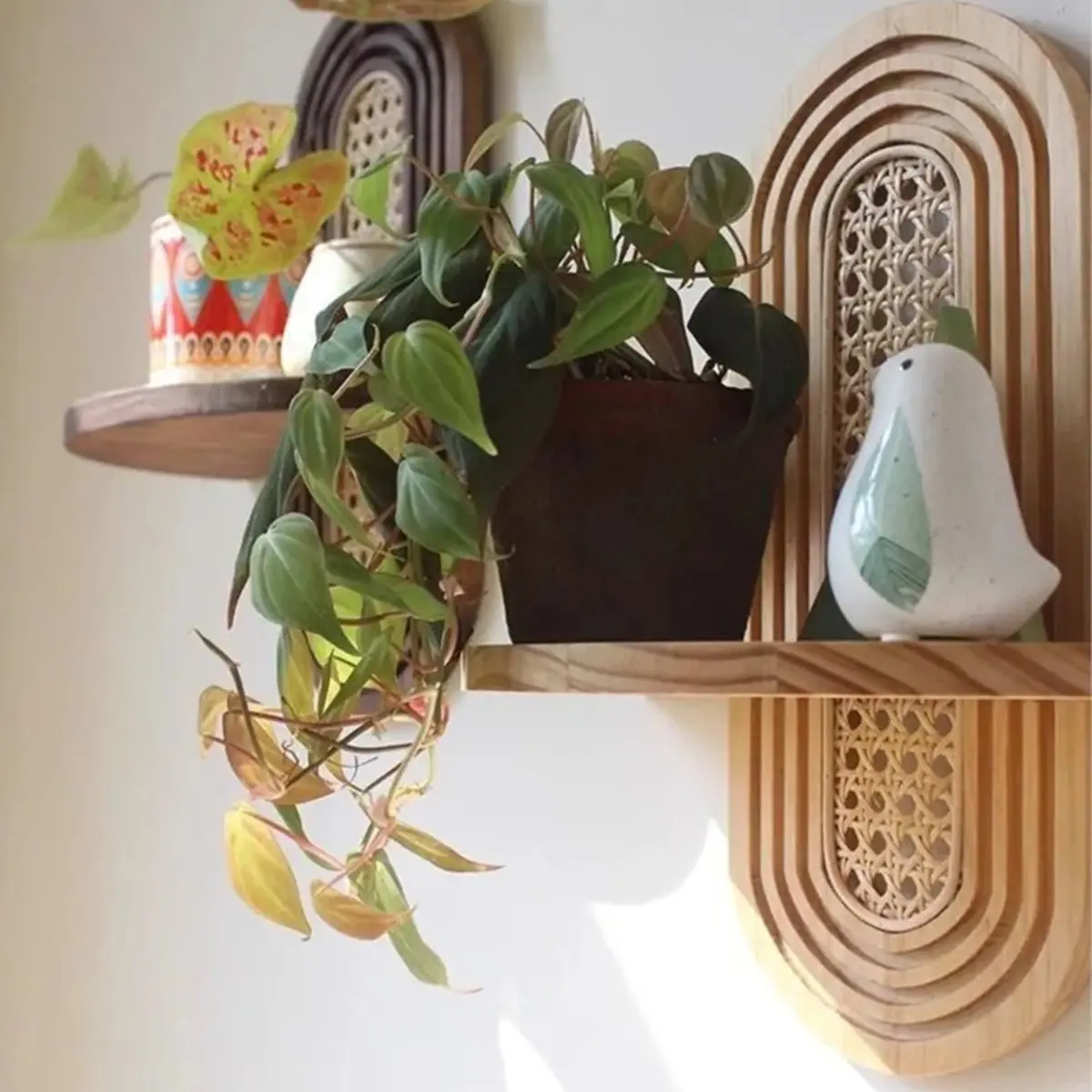 Estilo de madeira chinês decoração de parede prateleira quarto sala estar fundo artesanal rattan flor rack armazenamento a