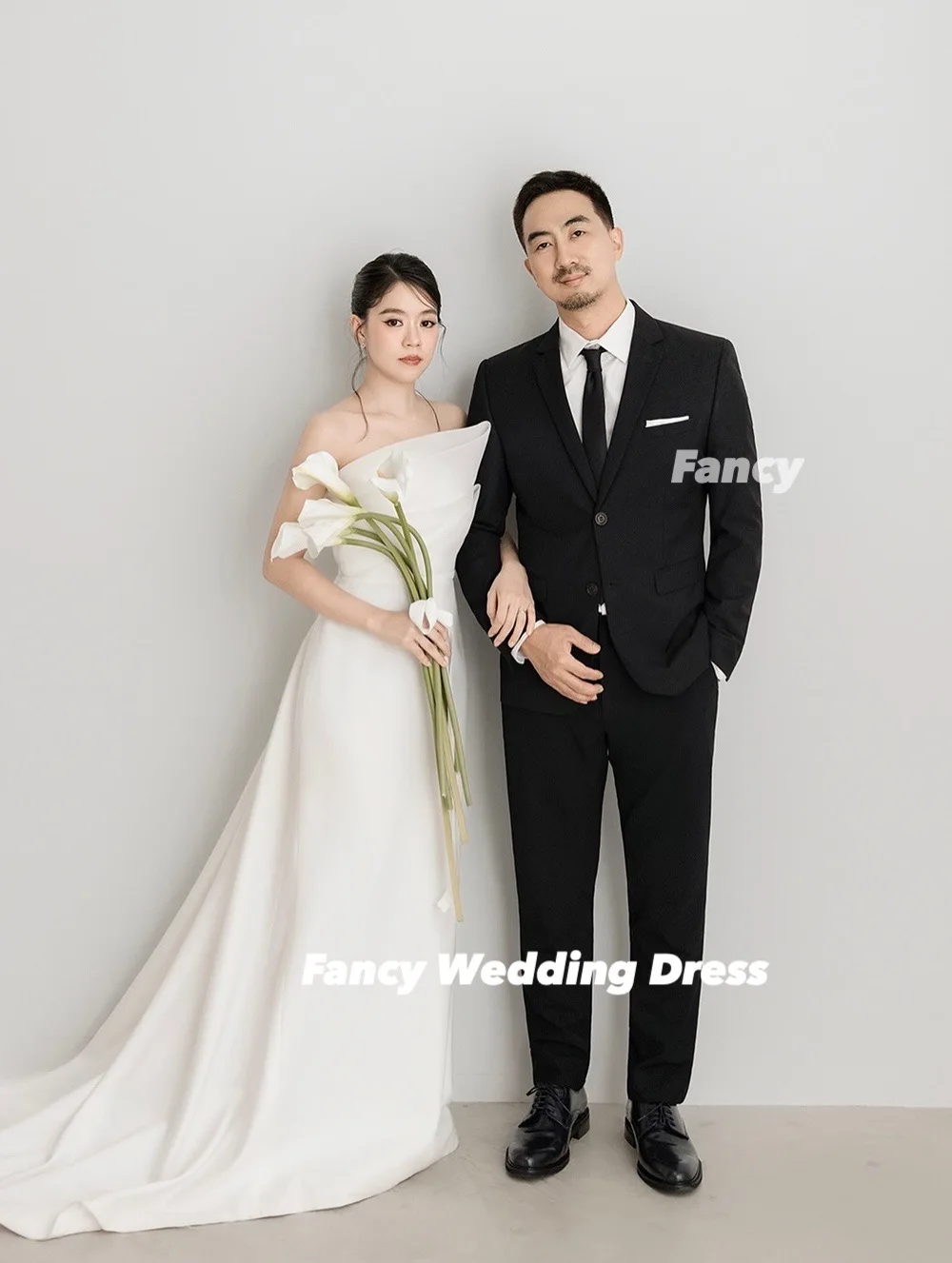 Fancy Irregular Korea Strapless Wedding Dress Photography A Line Organza Bridal Gown Back Corset Customized