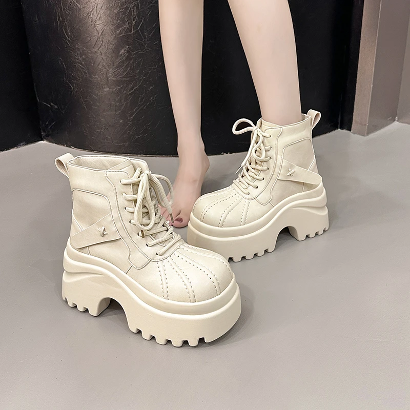 9CM Nowe Damskie Botki na Wysokiej Platformie Zimowe Ocieplane Futrem Grube Buty Śniegowce Sznurowane Sneakersy Damskie Skórzane Botki Motocyklowe Mujer — zdjęcie 5