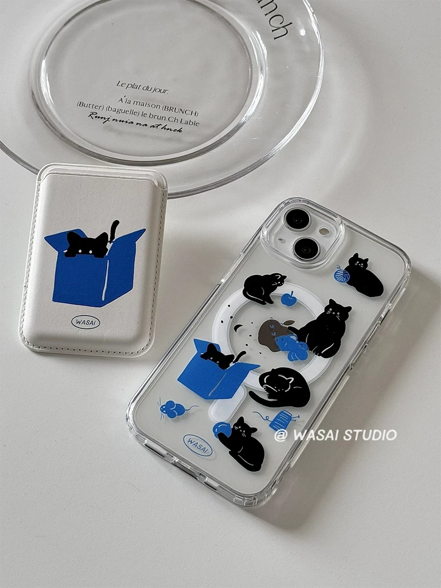 Illustration Kawaii Chat Noir pour Coque Magnétique Magsafe pour iPhone 17 16 E 11 12 13 14 15 Pro Max MINI Plus 17air