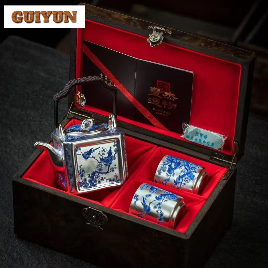 Handmade 999 Silver Gilt Tea Set Complete Set Ancient Tea Ceremony Set Teapot And Tea Cup Set Chinese Tea Set Ornaments Craft
