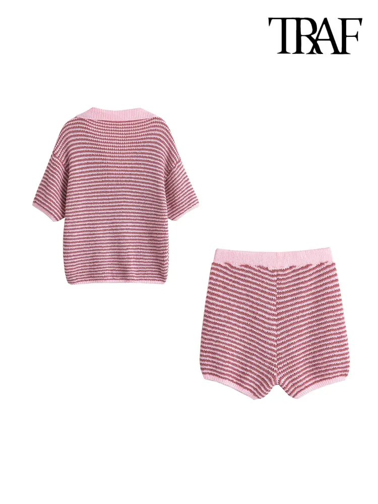 TRAF-Polo Collar Striped Knit Sweater and High Elastic Waist with Drawstring Shorts for Women, Female Two Piece Sets, Fashion