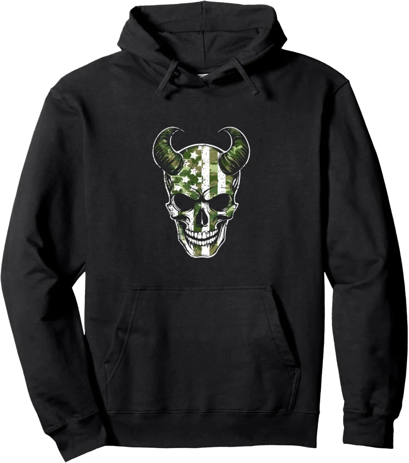 

Autumn and Winter "Dark Camo Skull with Horns" Edgy - Trendy Cotton Hoodie, Stylish Military - Gothic Sweatshirt
