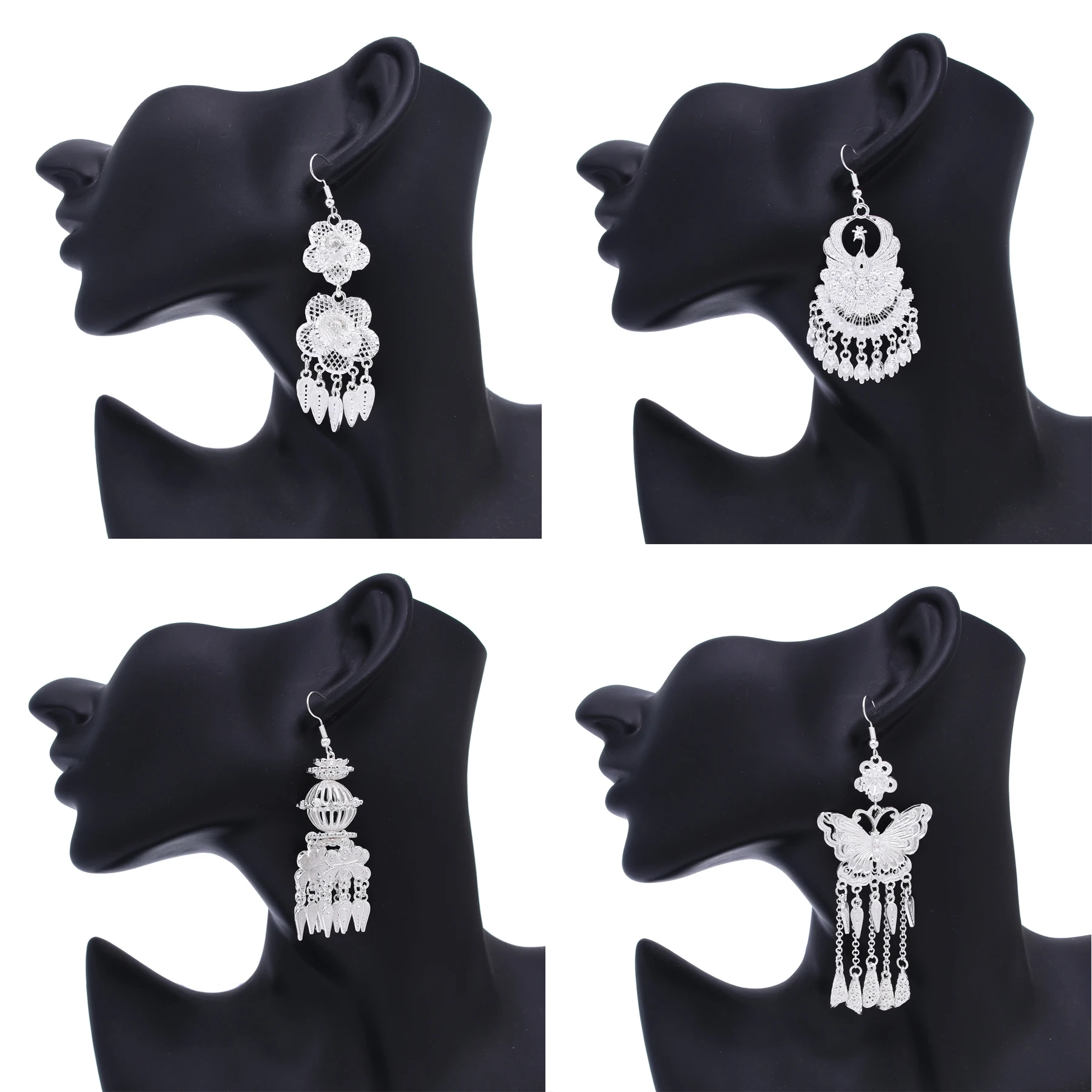Ethnic Miao Silver Plated Drop Earrings for Women Boho Floral Peacock Tassel Dangle Earrings Vintage Tribal Statement Jewelry
