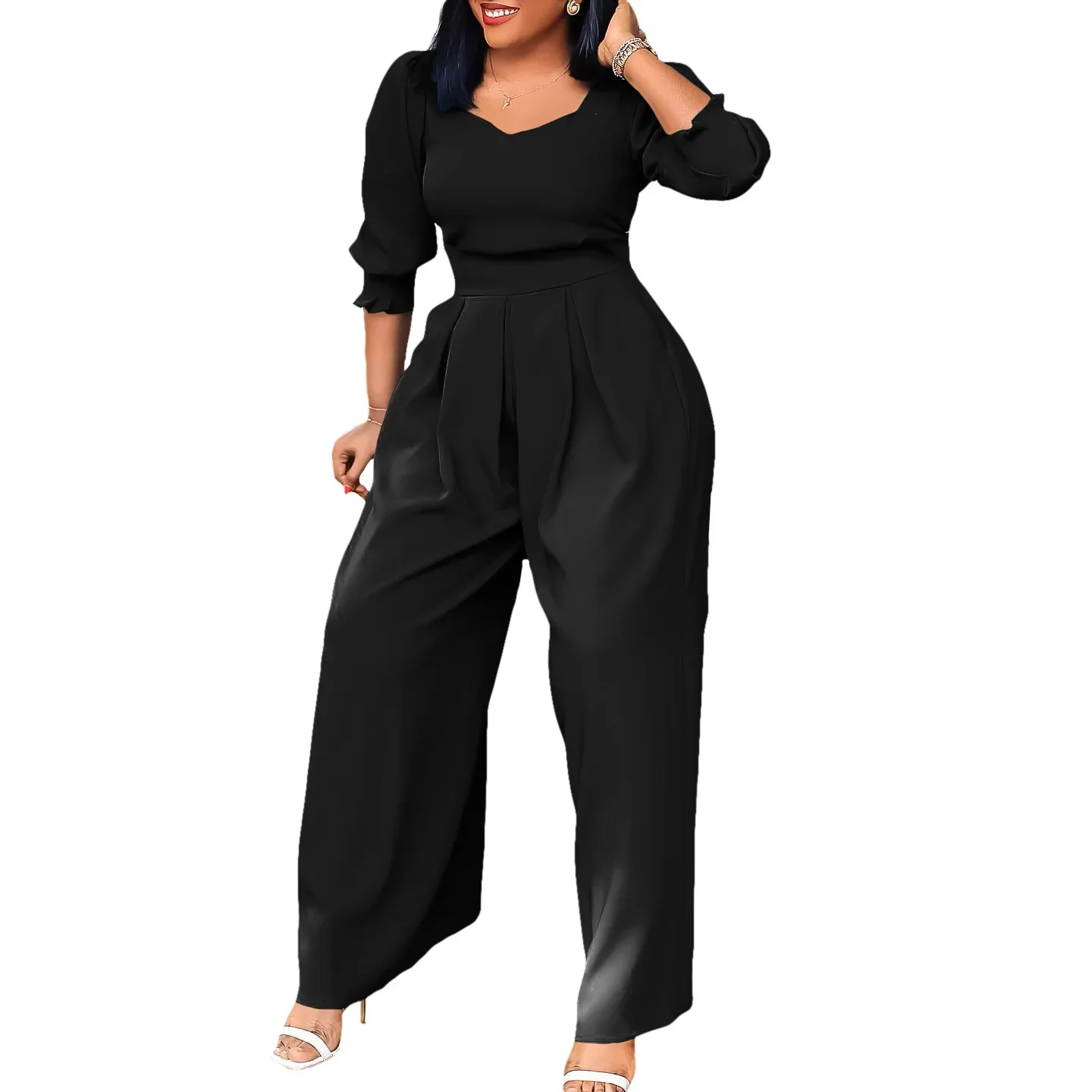 Combinaison à manches mi-longues pour femmes, barboteuse, jambe large, pantalon monochrome, vêtements africains, mode automne, vente en gros, livraison directe, nouveau