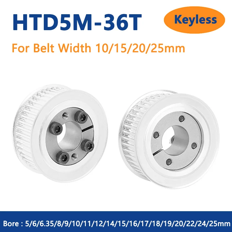 

1pc 36 Teeth HTD5M Timing Pulley Keyless Bushing Bore 5 6 6.35 8 9 10-25mm 36T 5M Synchronous Wheel For Belt Width 10/15/20/25mm