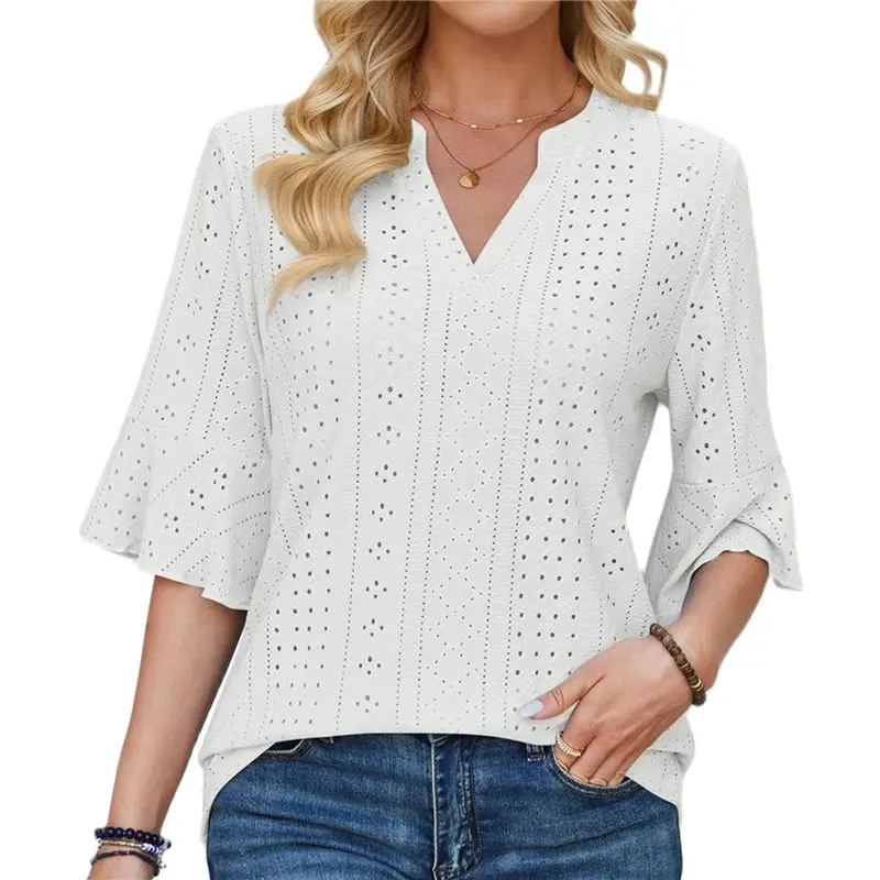 

CYL-Plus-Size-Tops-For-Women Dressy V Neck 3/4 Length Ruffle Sleeve T Shirts Trendy Casual Loose Blouses
