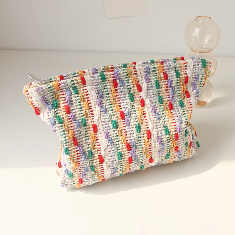 Color woven women's makeup bag portable lipstick cushion cosmetics canvas chain design storage bag premium travel toiletry bag