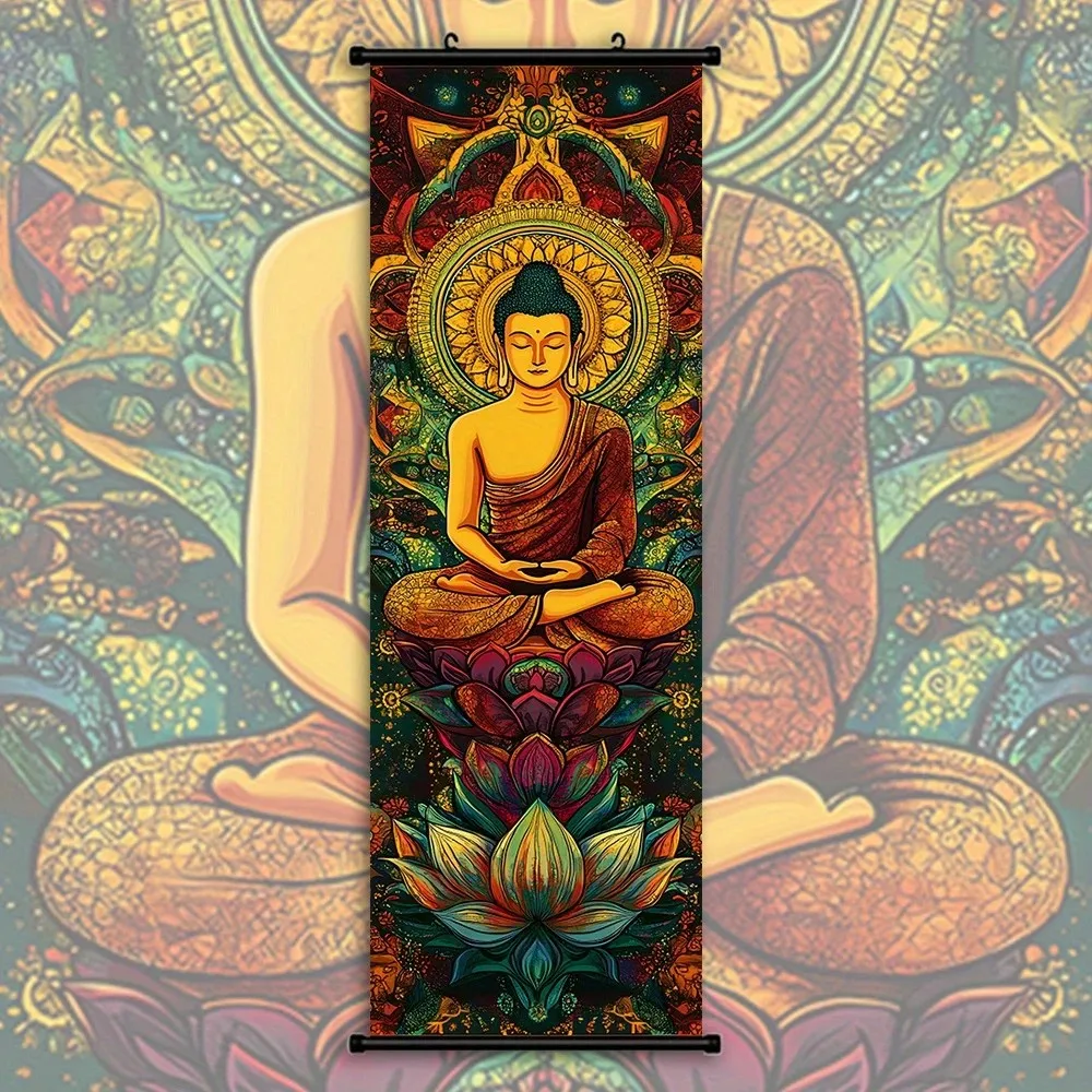 VIKAMA Bohemian Buddha Triptych Wall Scroll Poster Lotus Mandala Spiritual Meditation Vintage Ink Wash Canvas Art Print Decor