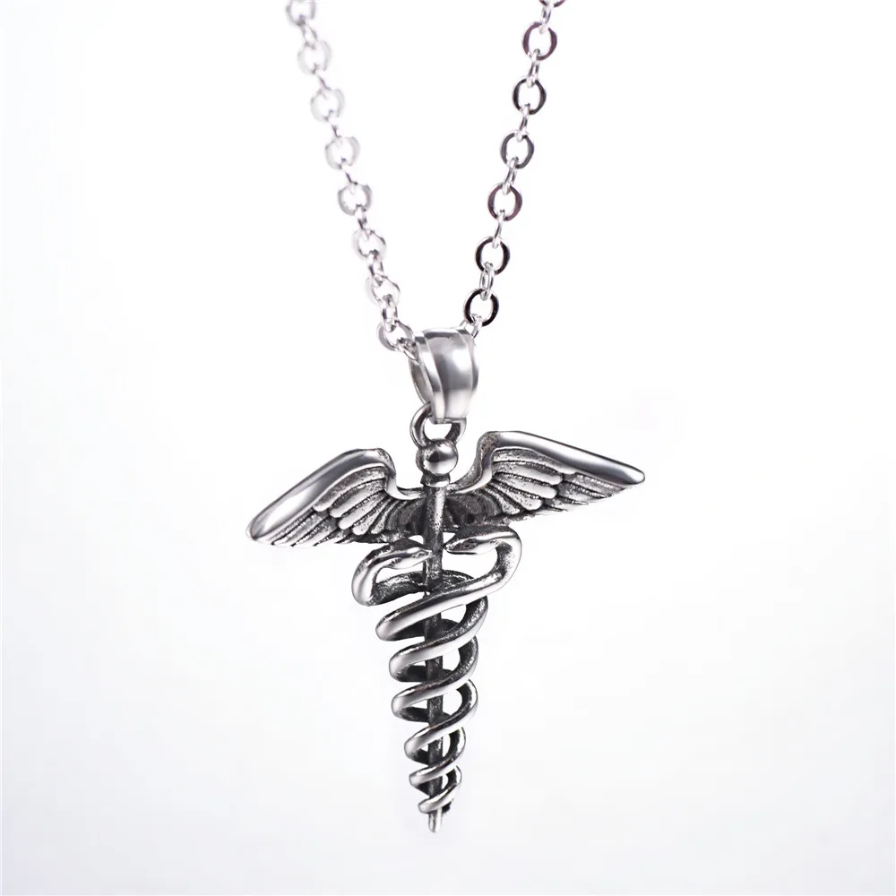 Magical Staff of Asclepius Necklace Stainless Steel Double Snakes Graduation Rod of Asclepius Necklace