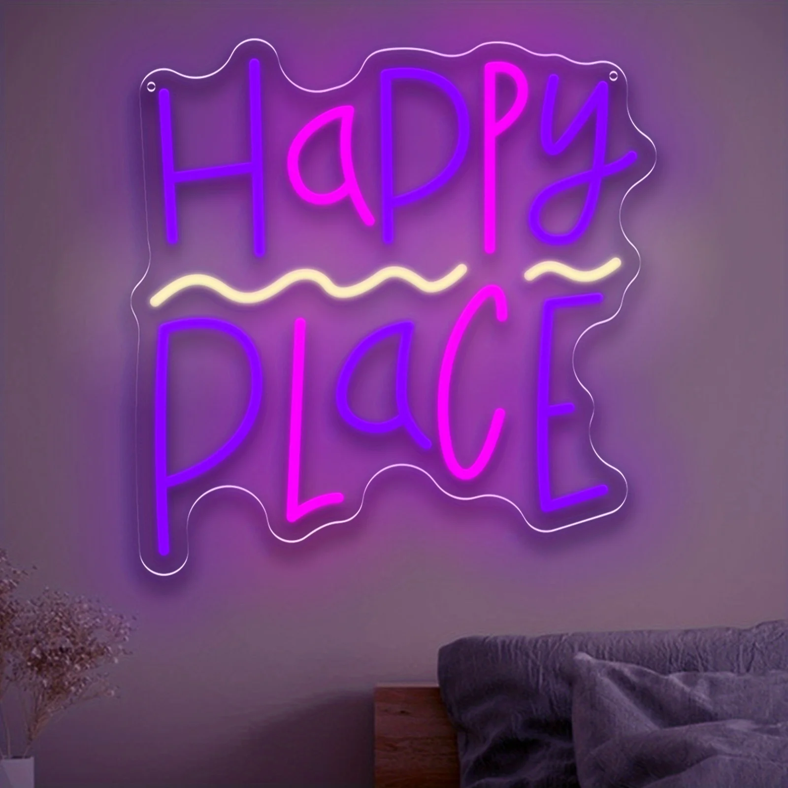 Happy Place LED Neon Sign USB Dimmable untuk Dekorasi Dinding Rumah Kamar Tidur Gadis Restoran Tempat Wisata Pertunangan Pernikahan Hotel Hadiah