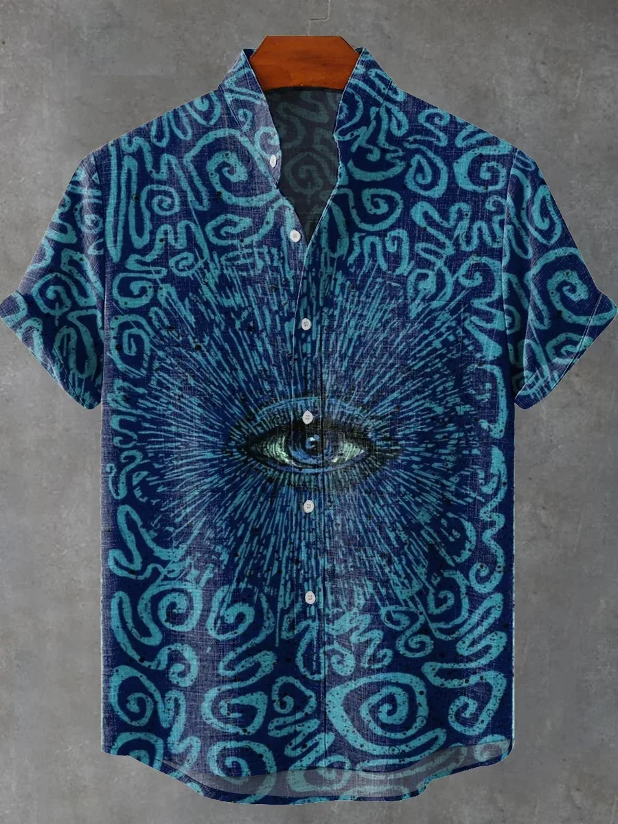 ハワイ3Dプリントデザインメンズおしゃれカジュアルバケーションリネンシャツメンズボタン快適半袖スタンドカラー