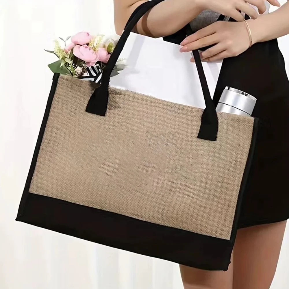 Shopping Bag Burlap Tote Bag Jute Bags Lightweight Handbag Portable LargeCapacity Women Grocery Organizer Garland Letter Pattern