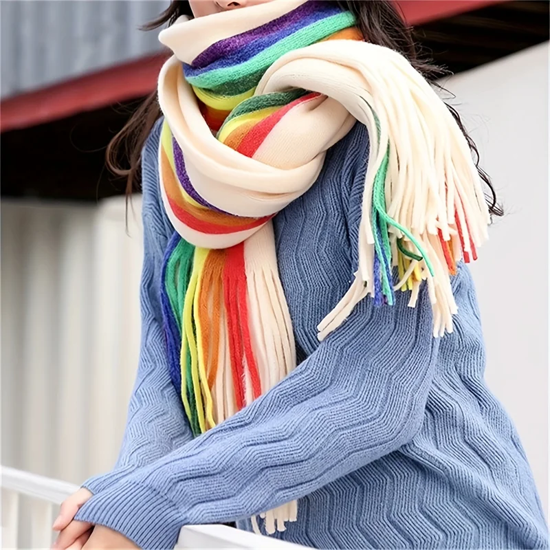 Winter Rainbow Scarf Design Women Cashmere Pashmina Warm Shawl Lady Wrap Tassel Scarves Knitted Foulard Thick Blanket 2024