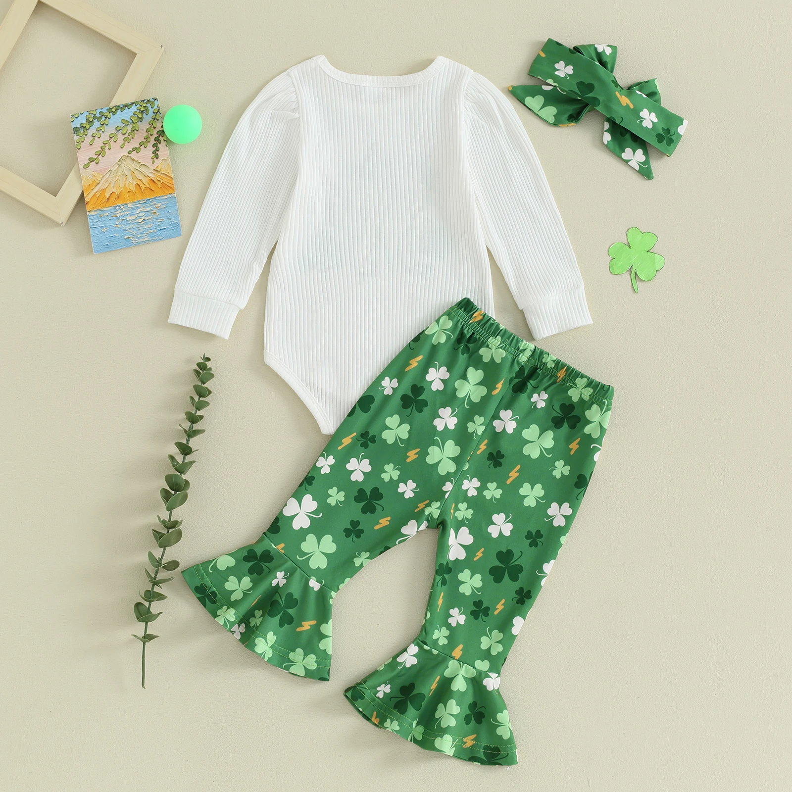 Citgeett Spring St. Patrick's Day Infant Baby Girl Outfit Long Sleeve Clover Print Ribbed Romper + Elastic Waist Flare Pants